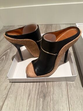 Givenchy Black Leather Cork Platform Mule Heels with Gold Accent